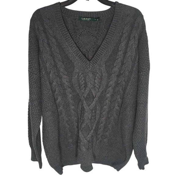 Lauren Ralph Lauren Sweater  XL Cable Knit Pullover Merino Wool Blend V Neck - Picture 1 of 16